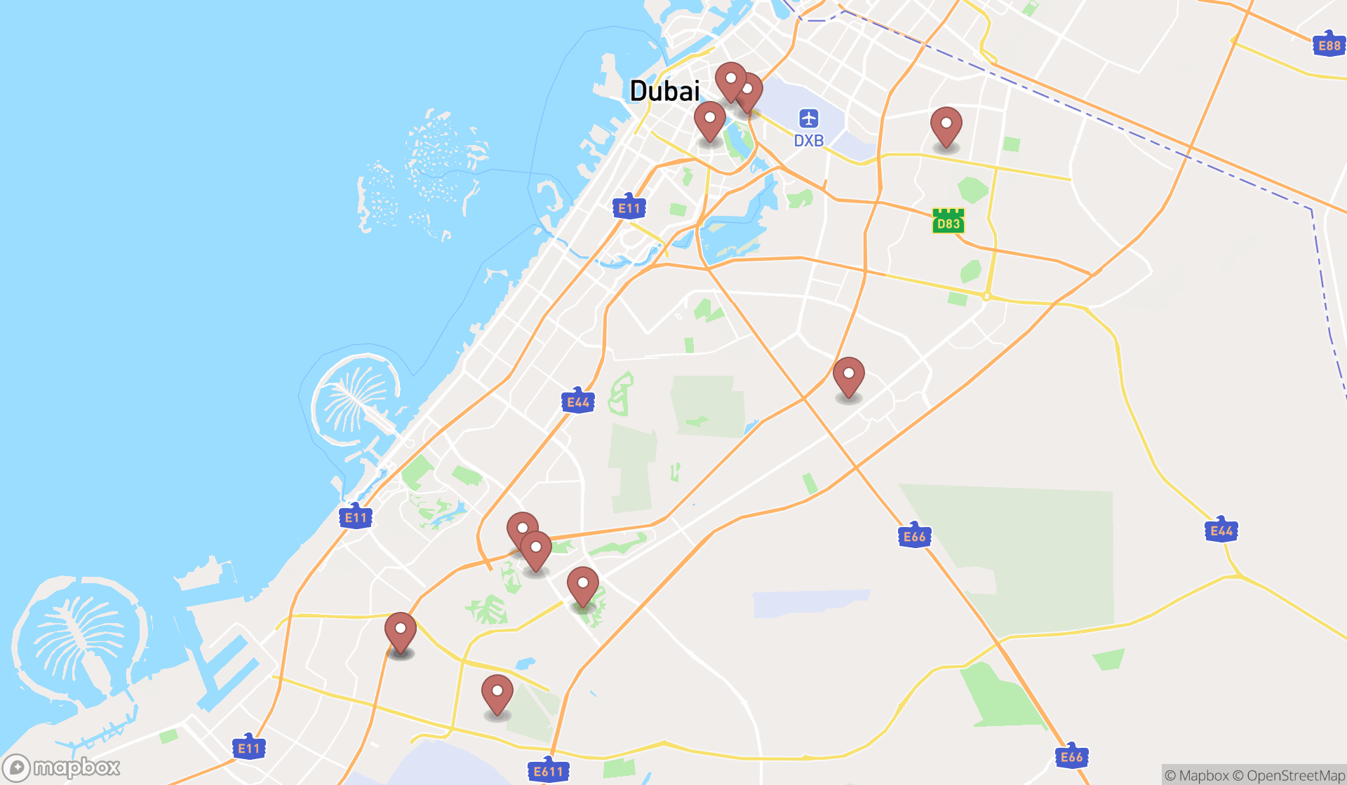 Map showing the search results in Dubai