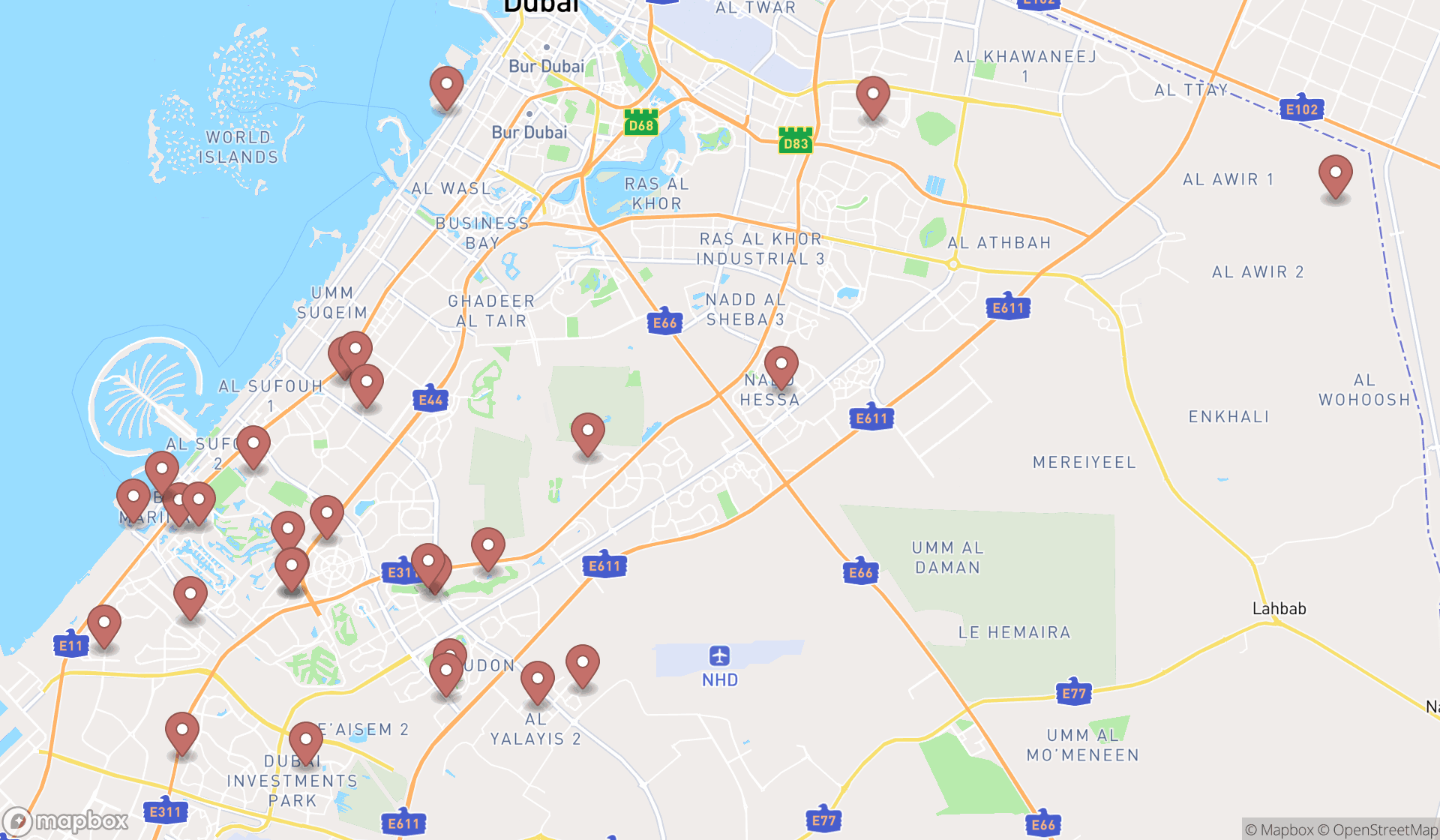 Map showing the search results in Dubai