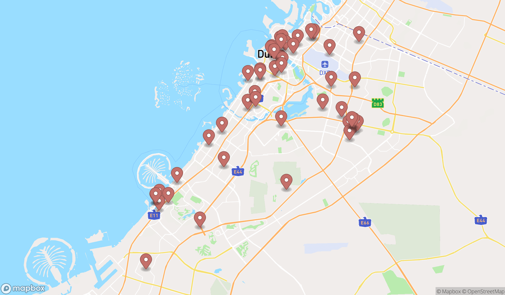 Map showing the search results in Dubai