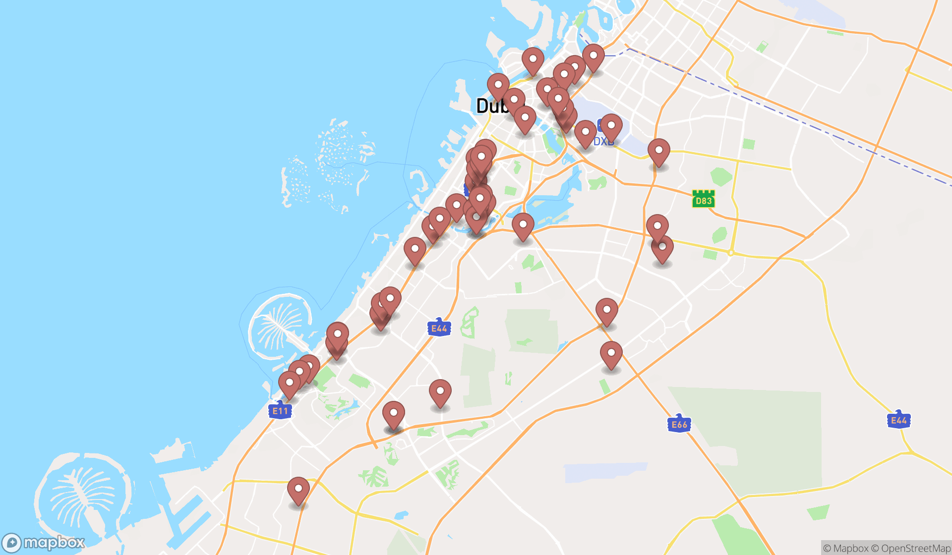 Map showing the search results in Dubai