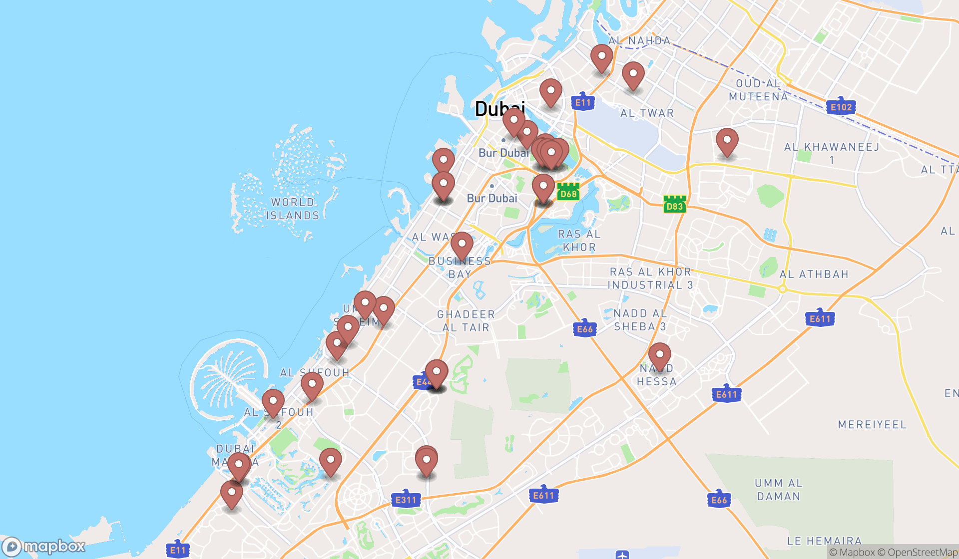 Map showing the search results in Dubai