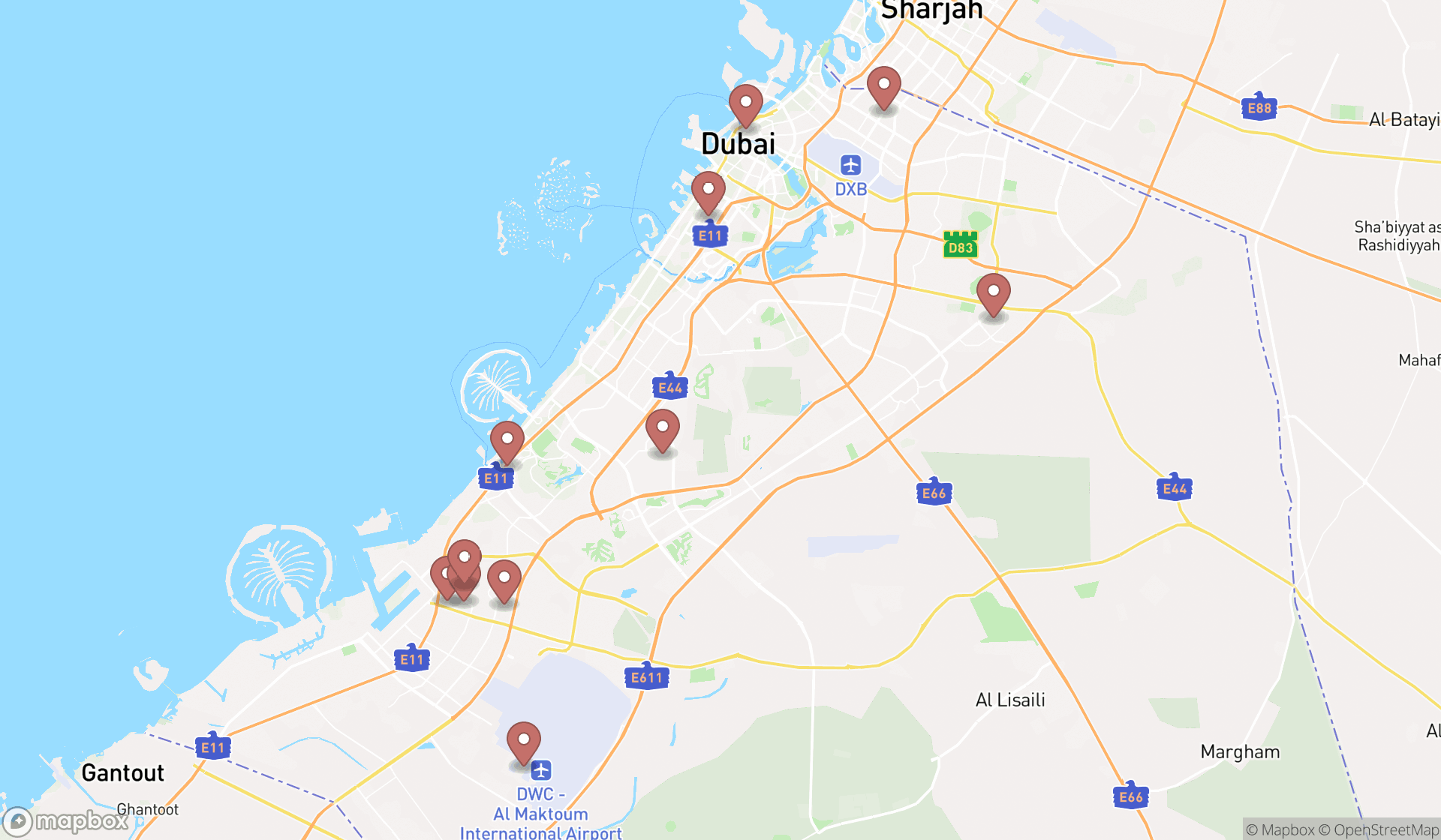 Map showing the search results in Dubai