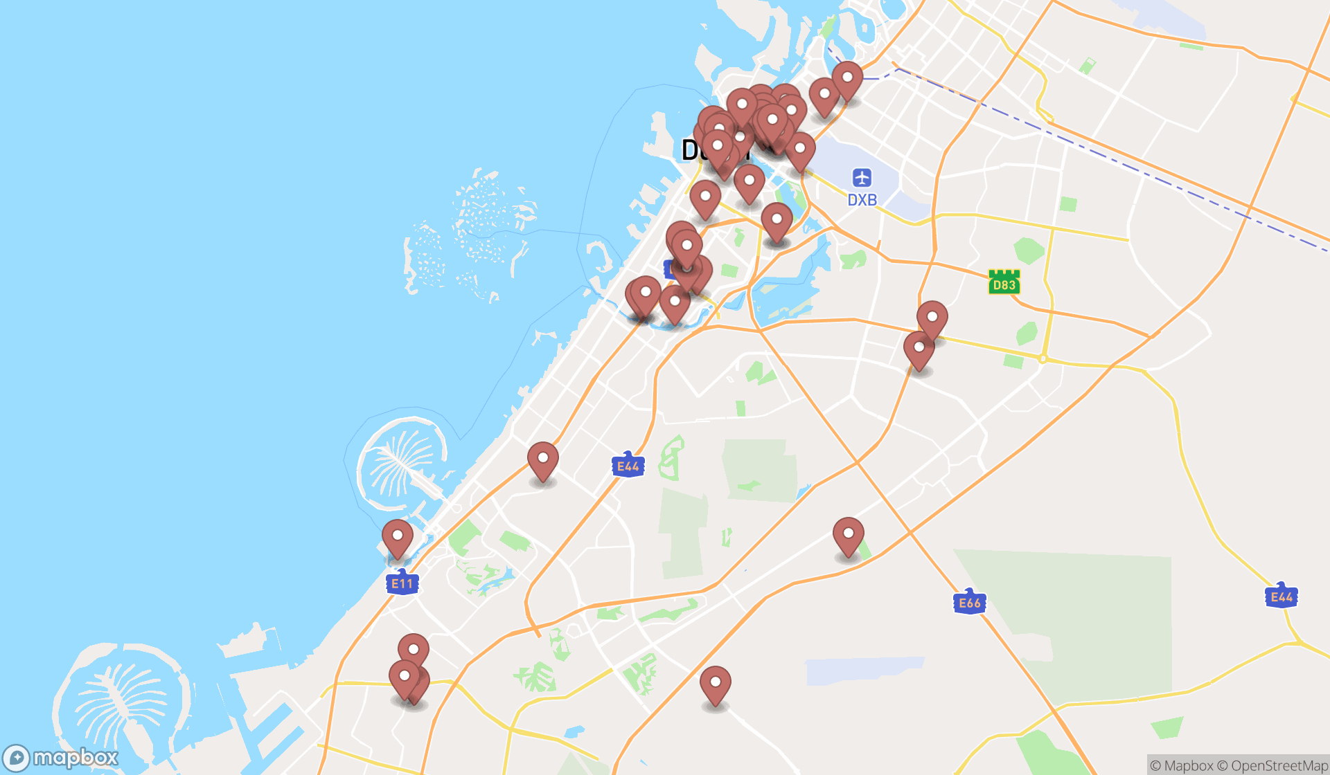 Map showing the search results in Dubai