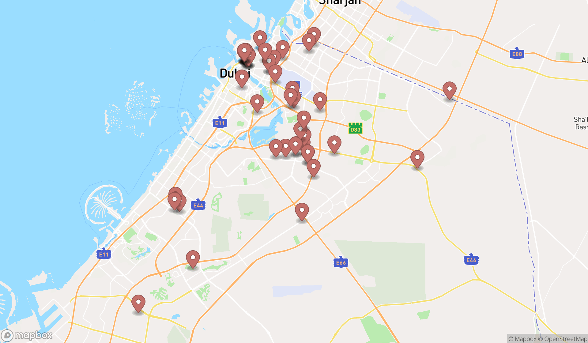 Map showing the search results in Dubai