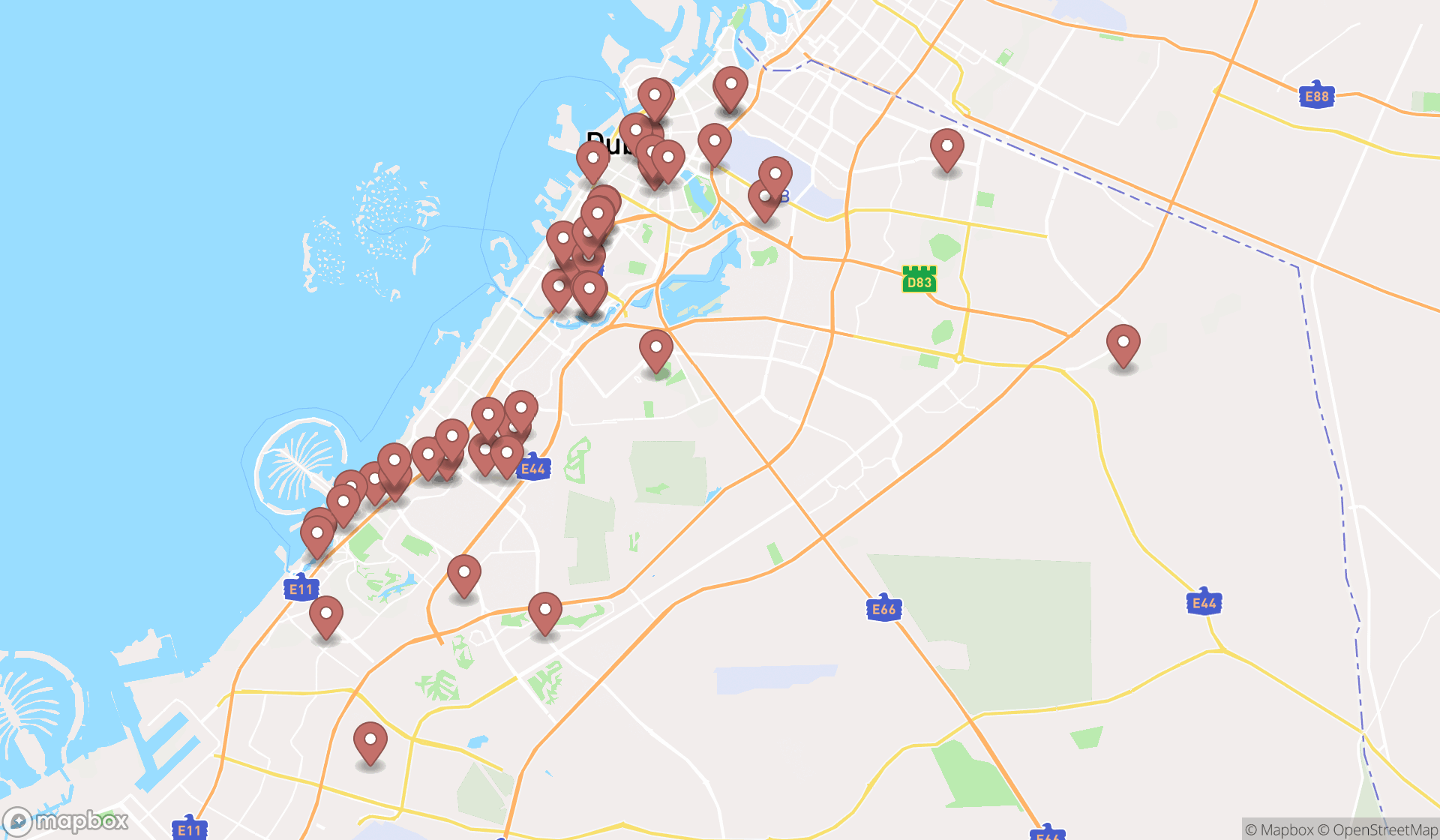 Map showing the search results in Dubai