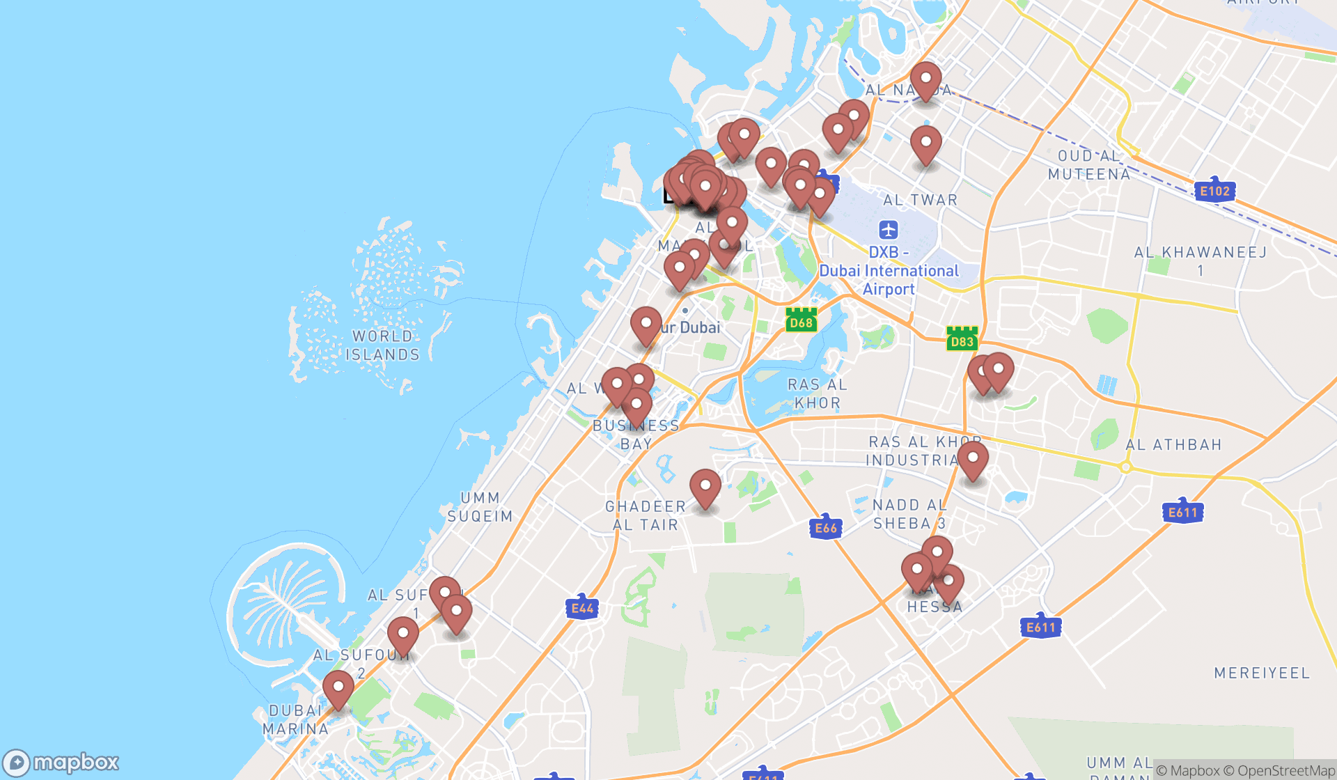 Map showing the search results in Dubai