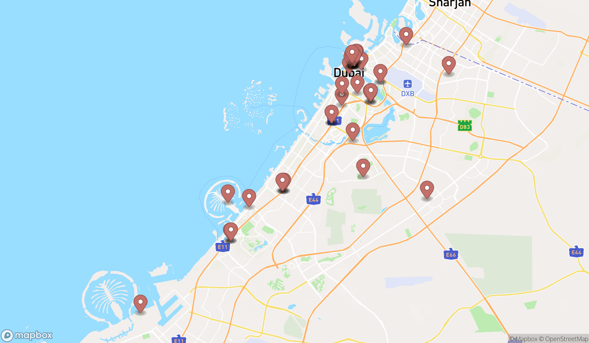 Map showing the search results in Dubai