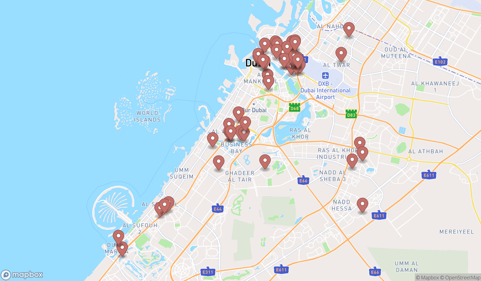 Map showing the search results in Dubai