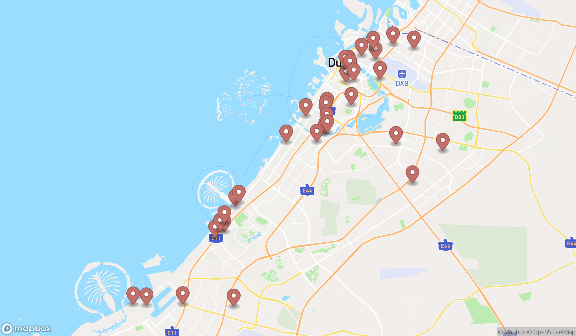 Map showing the search results in Dubai