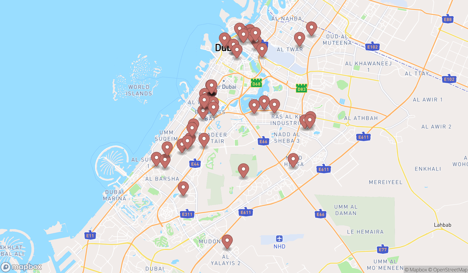Map showing the search results in Dubai