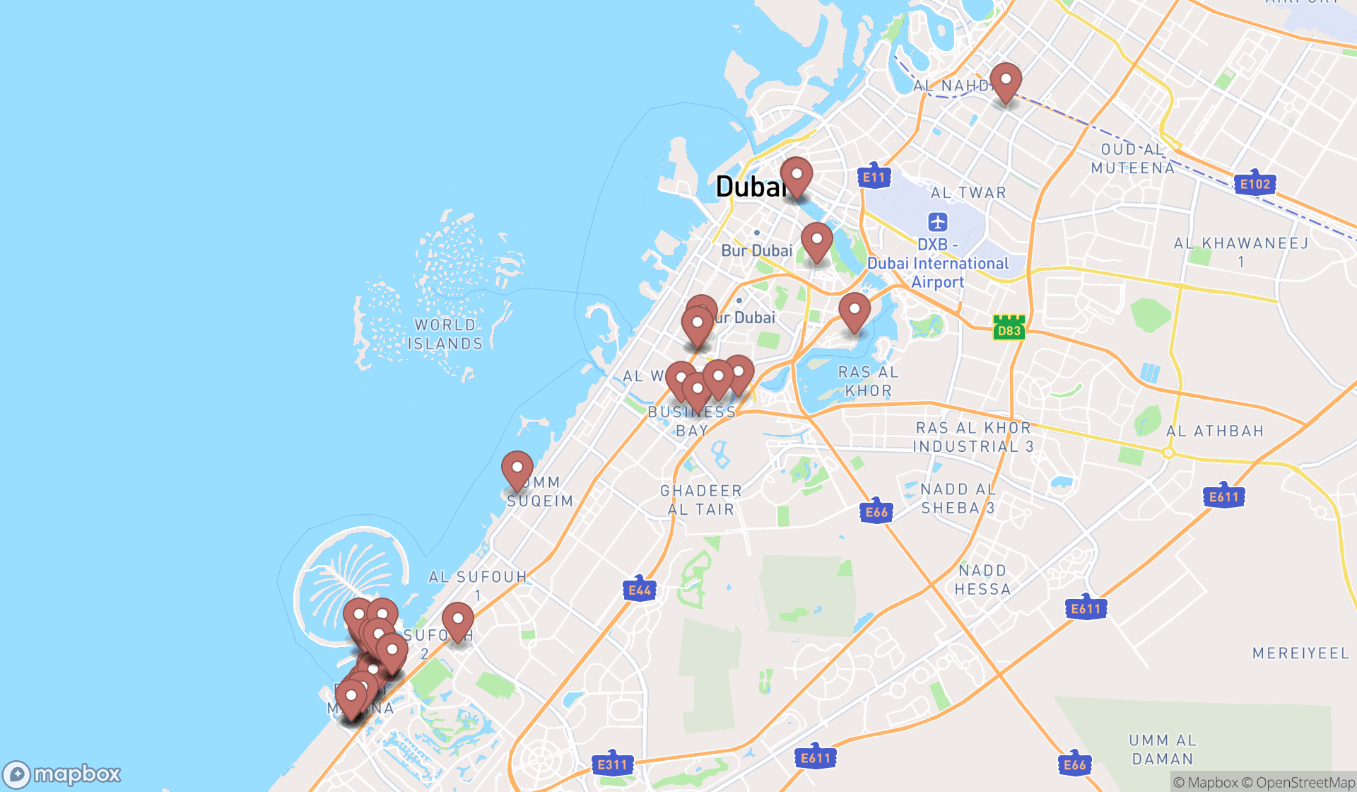 Map showing the search results in Dubai
