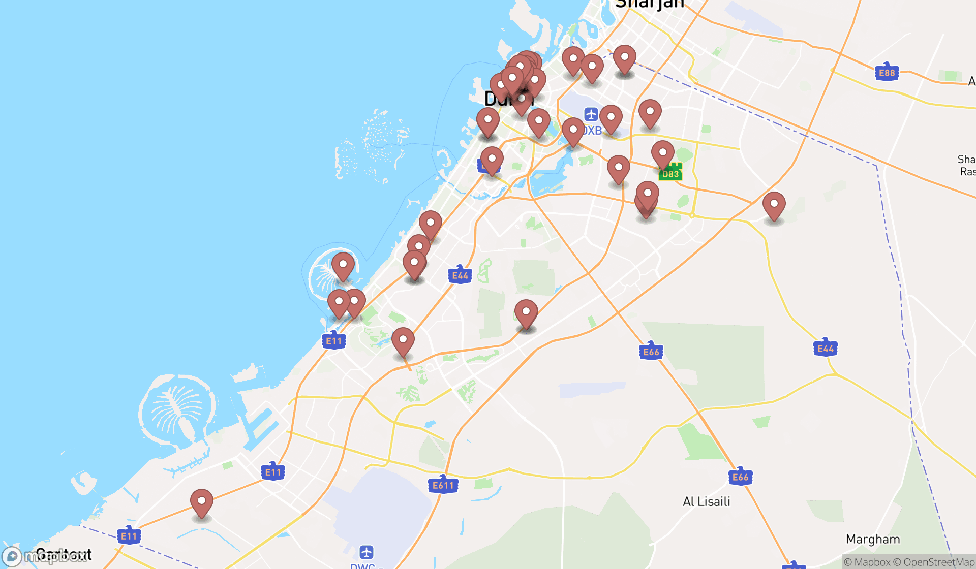 Map showing the search results in Dubai