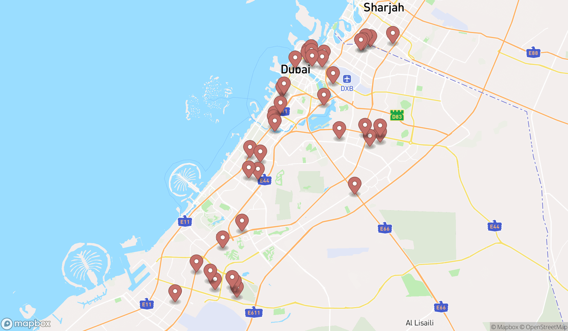 Map showing the search results in Dubai