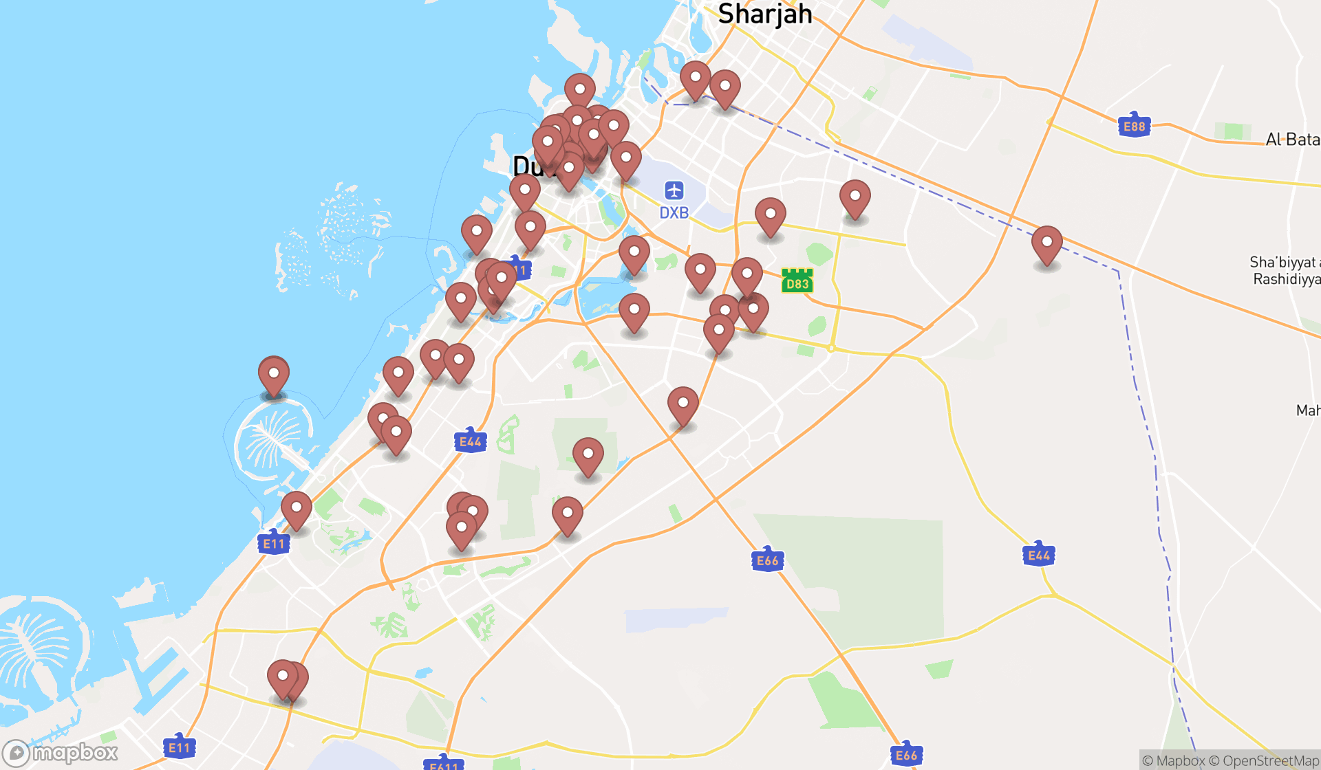 Map showing the search results in Dubai