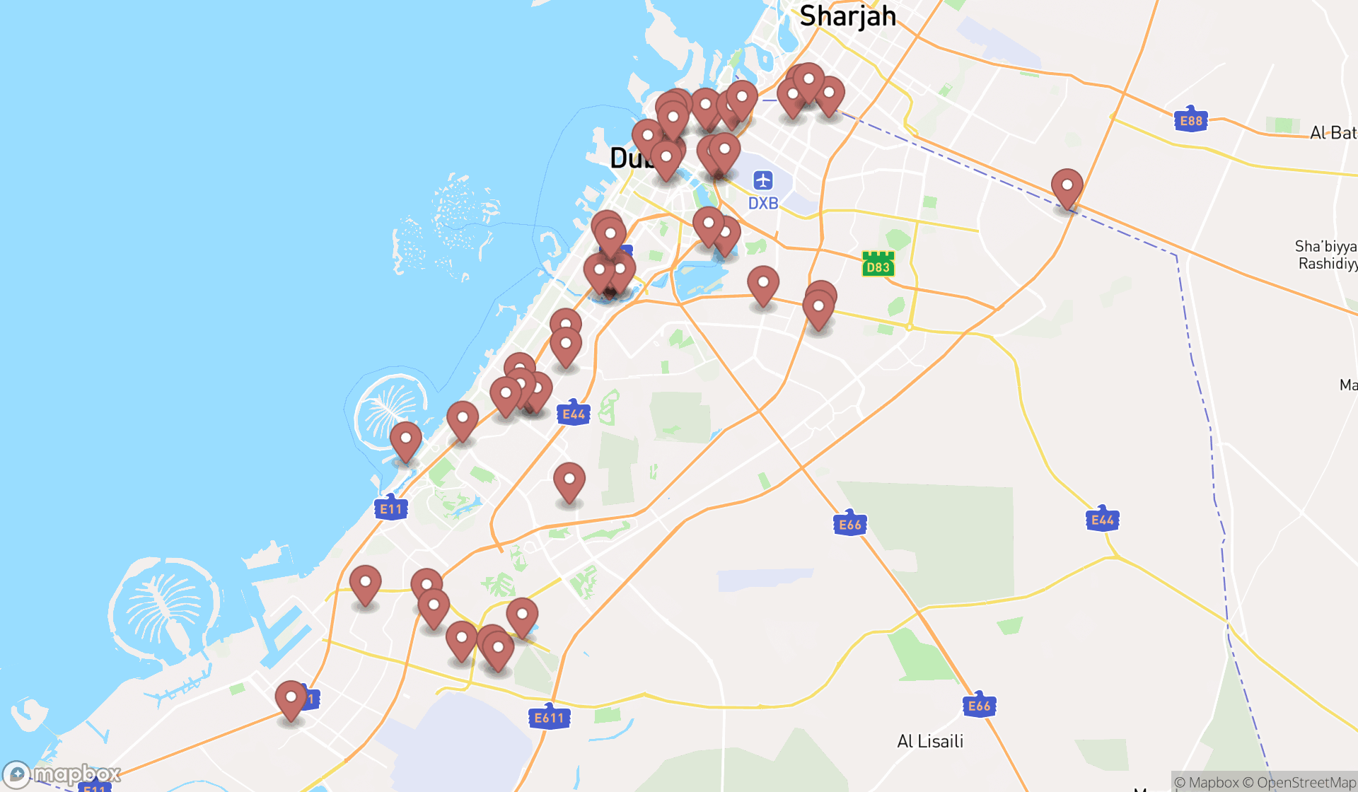 Map showing the search results in Dubai