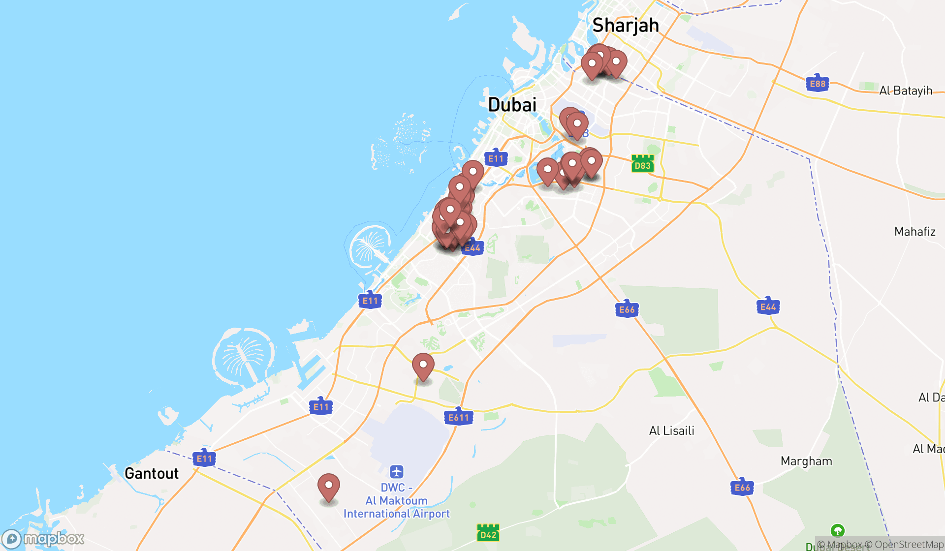 Map showing the search results in Dubai