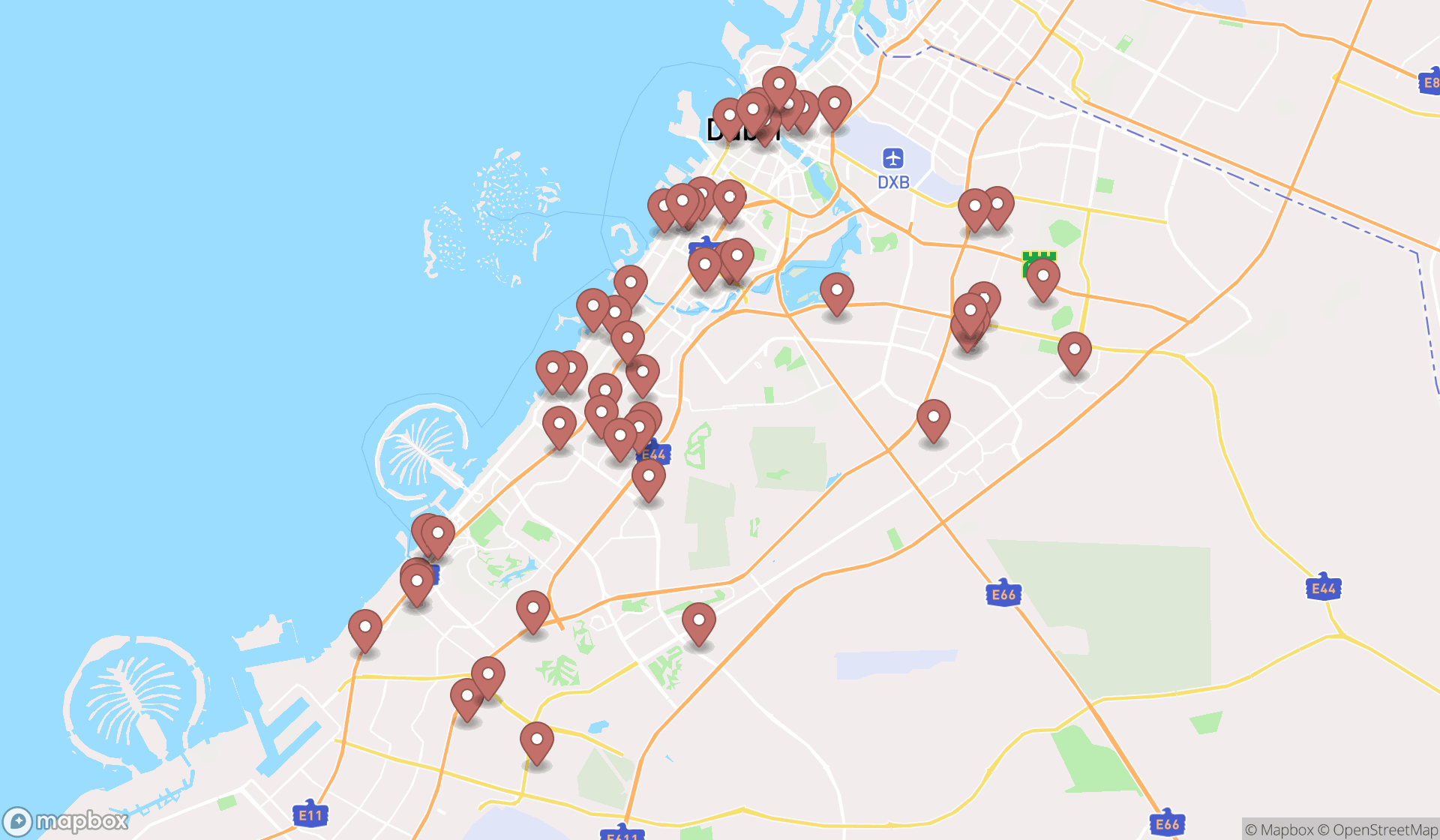 Map showing the search results in Dubai