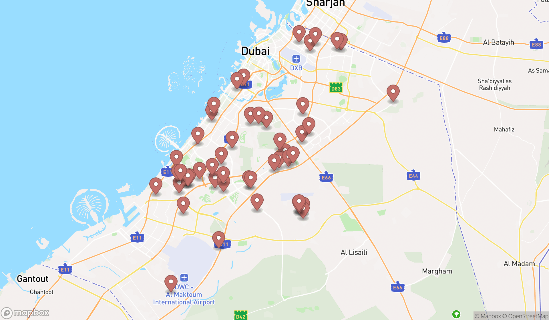 Map showing the search results in Dubai