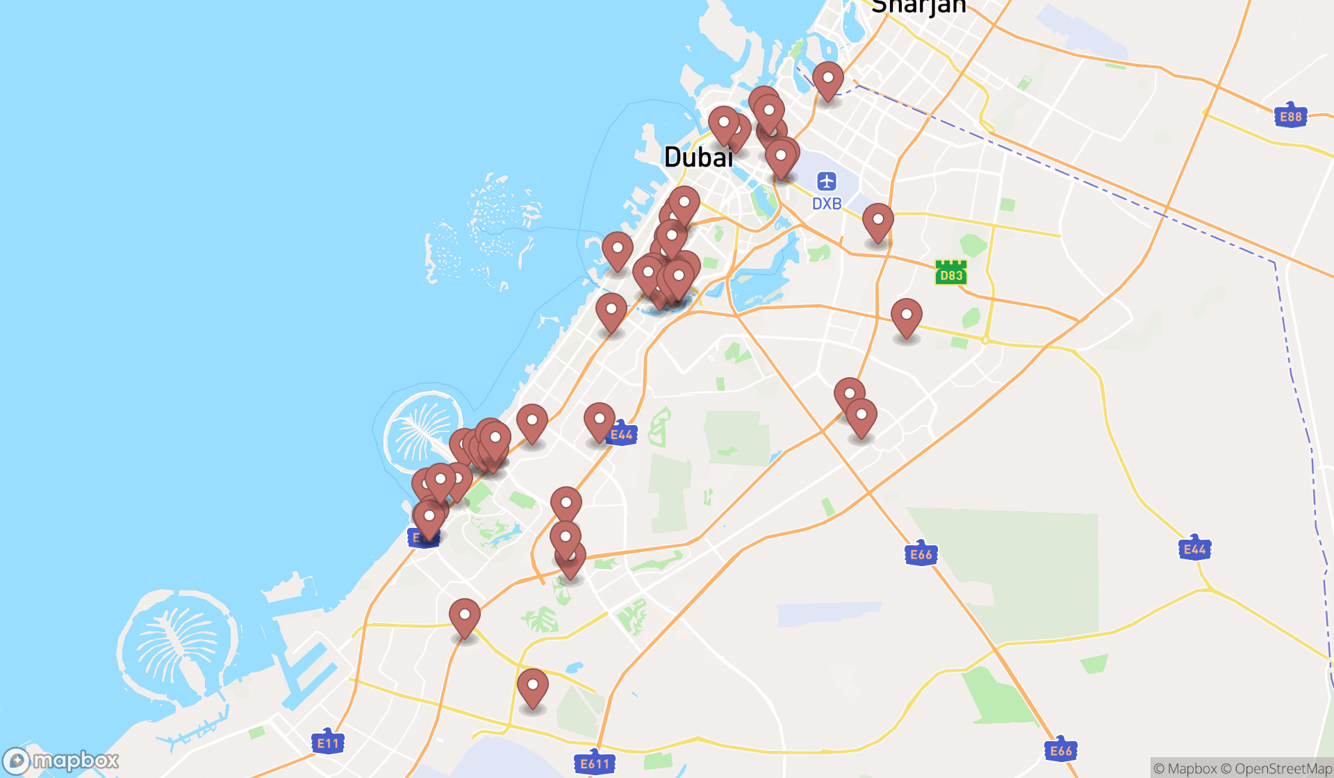 Map showing the search results in Dubai