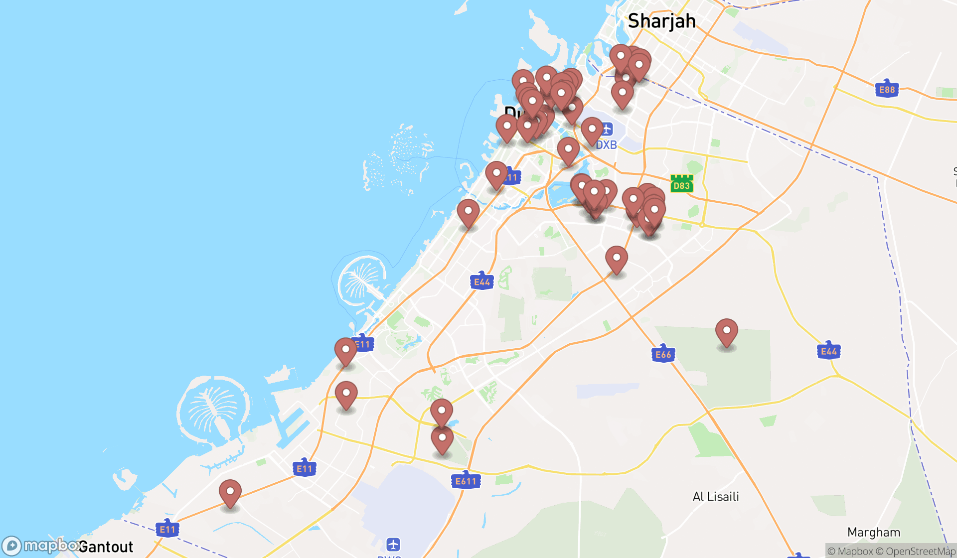 Map showing the search results in Dubai