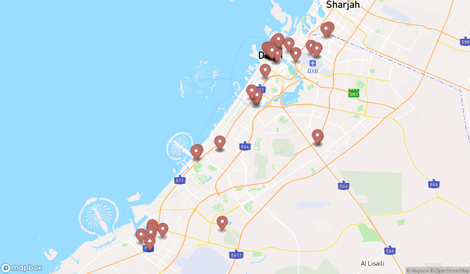 Map showing the search results in Dubai