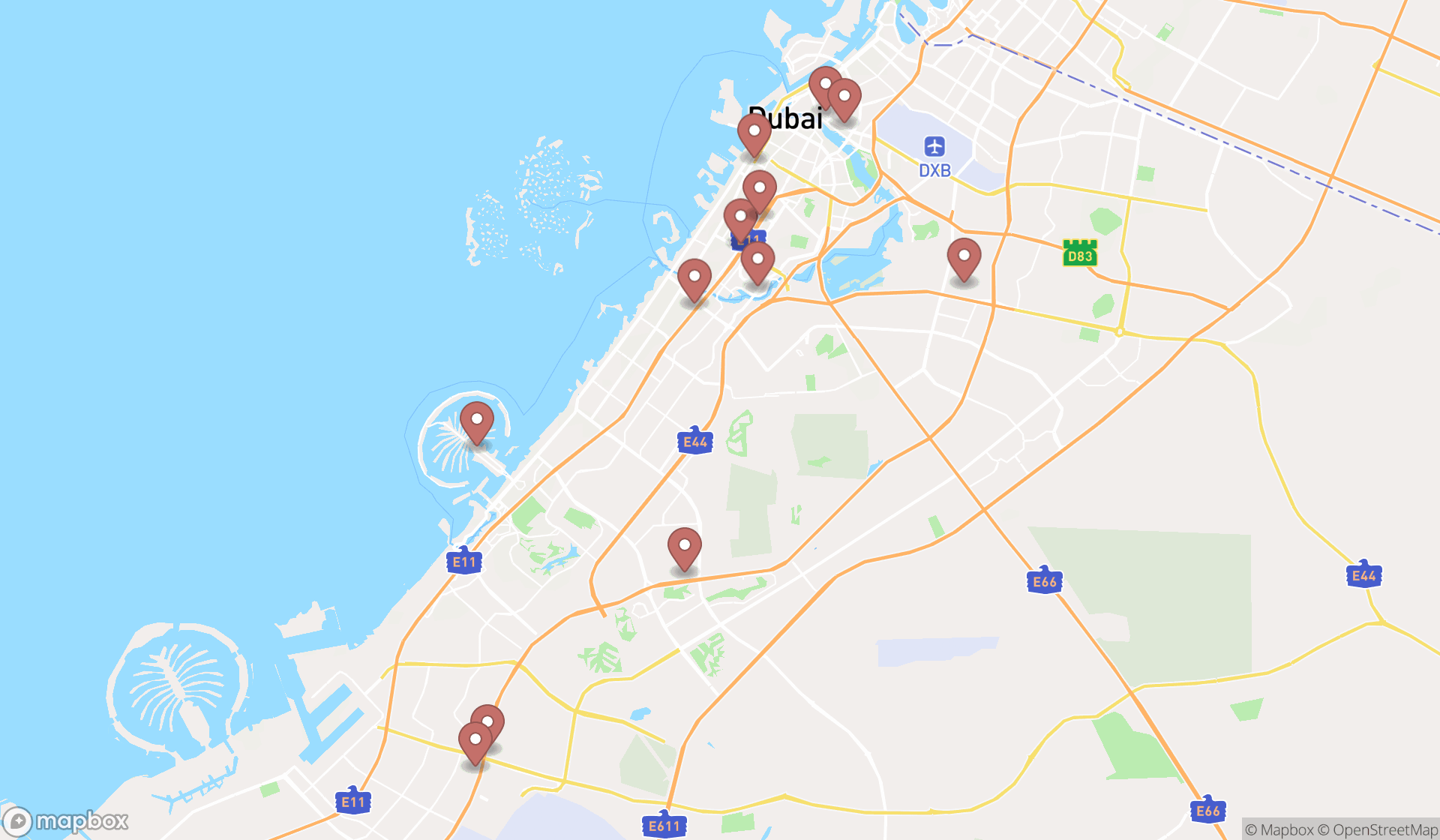 Map showing the search results in Dubai