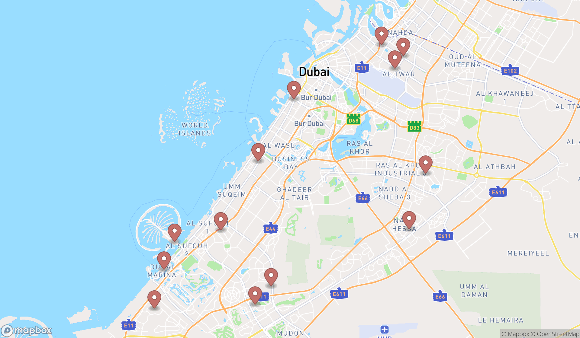 Map showing the search results in Dubai