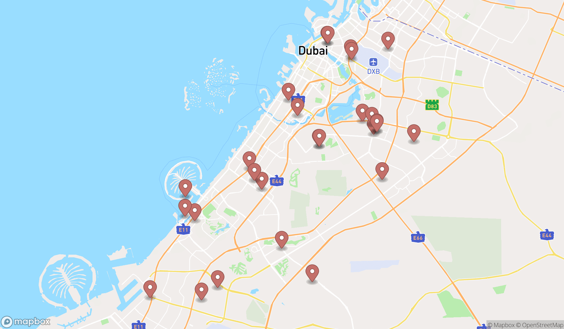 Map showing the search results in Dubai