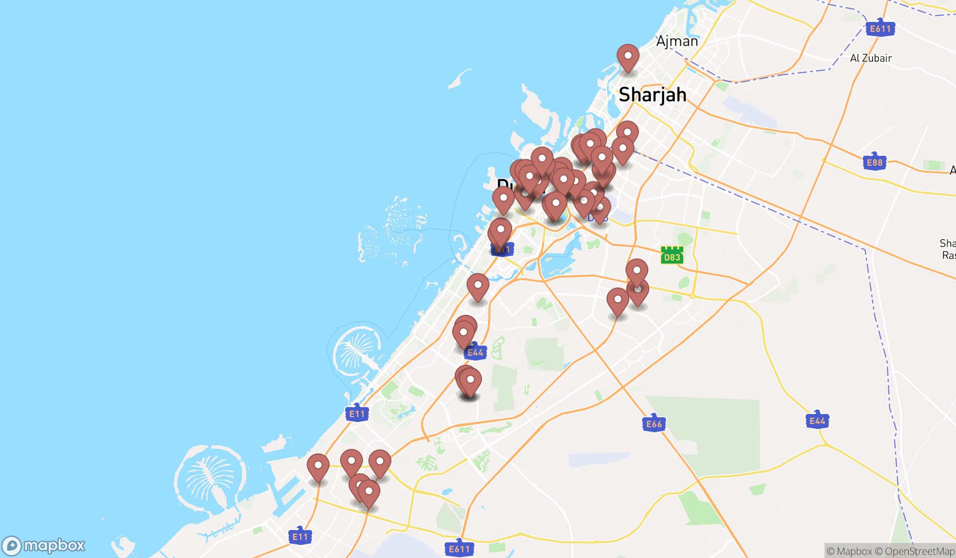 Map showing the search results in Dubai