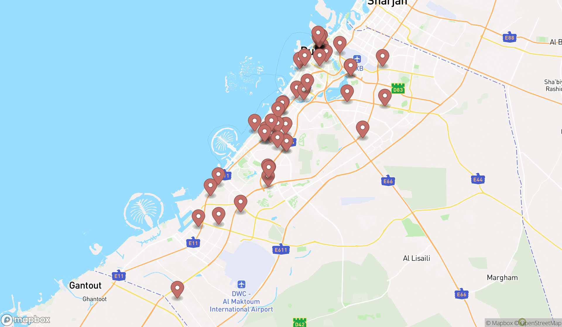 Map showing the search results in Dubai