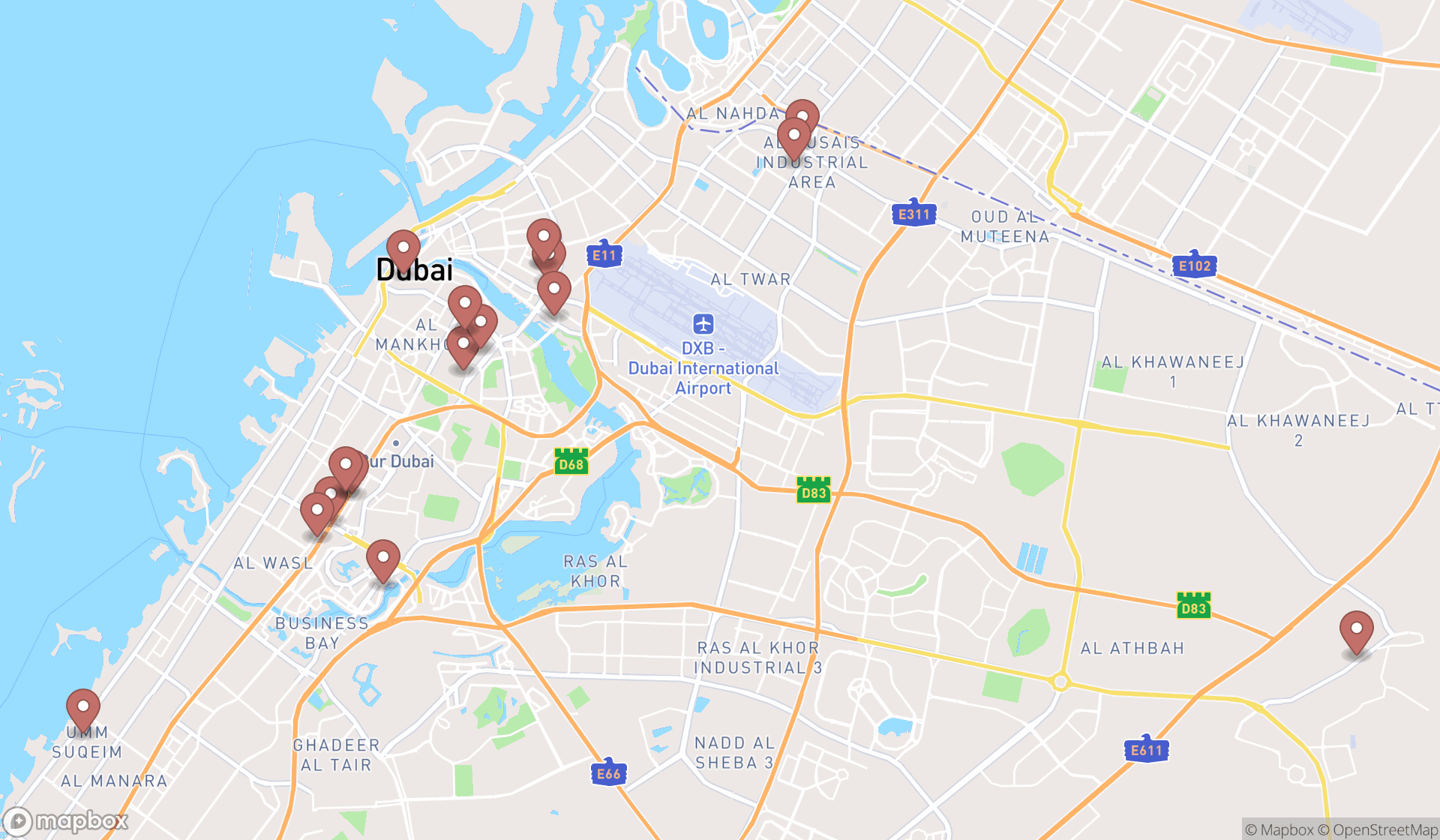 Map showing the search results in Dubai