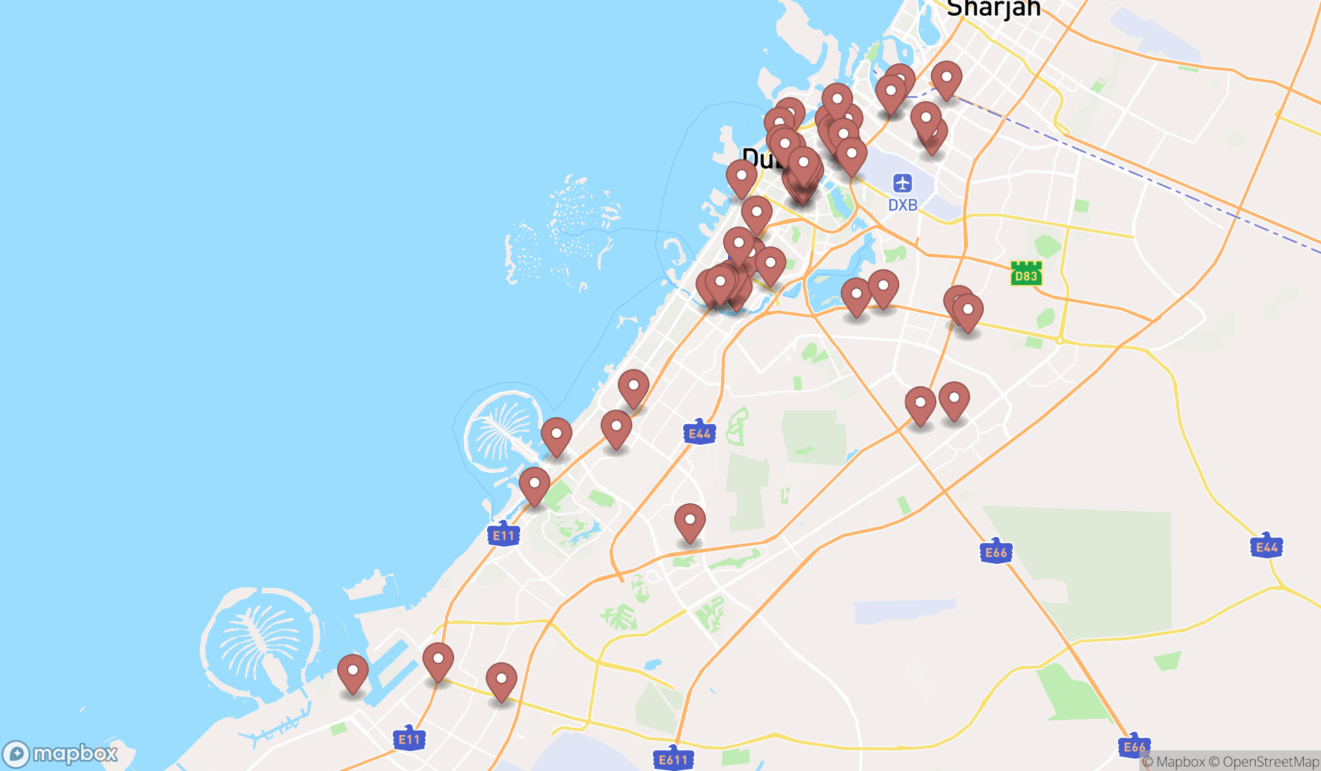 Map showing the search results in Dubai