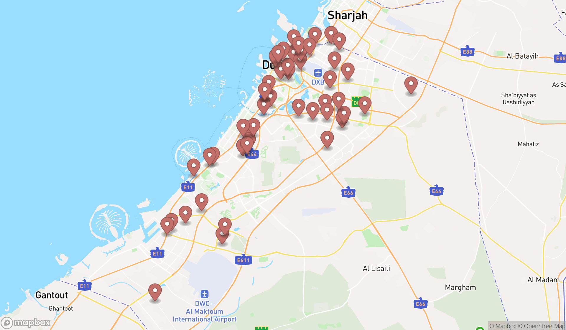 Map showing the search results in Dubai