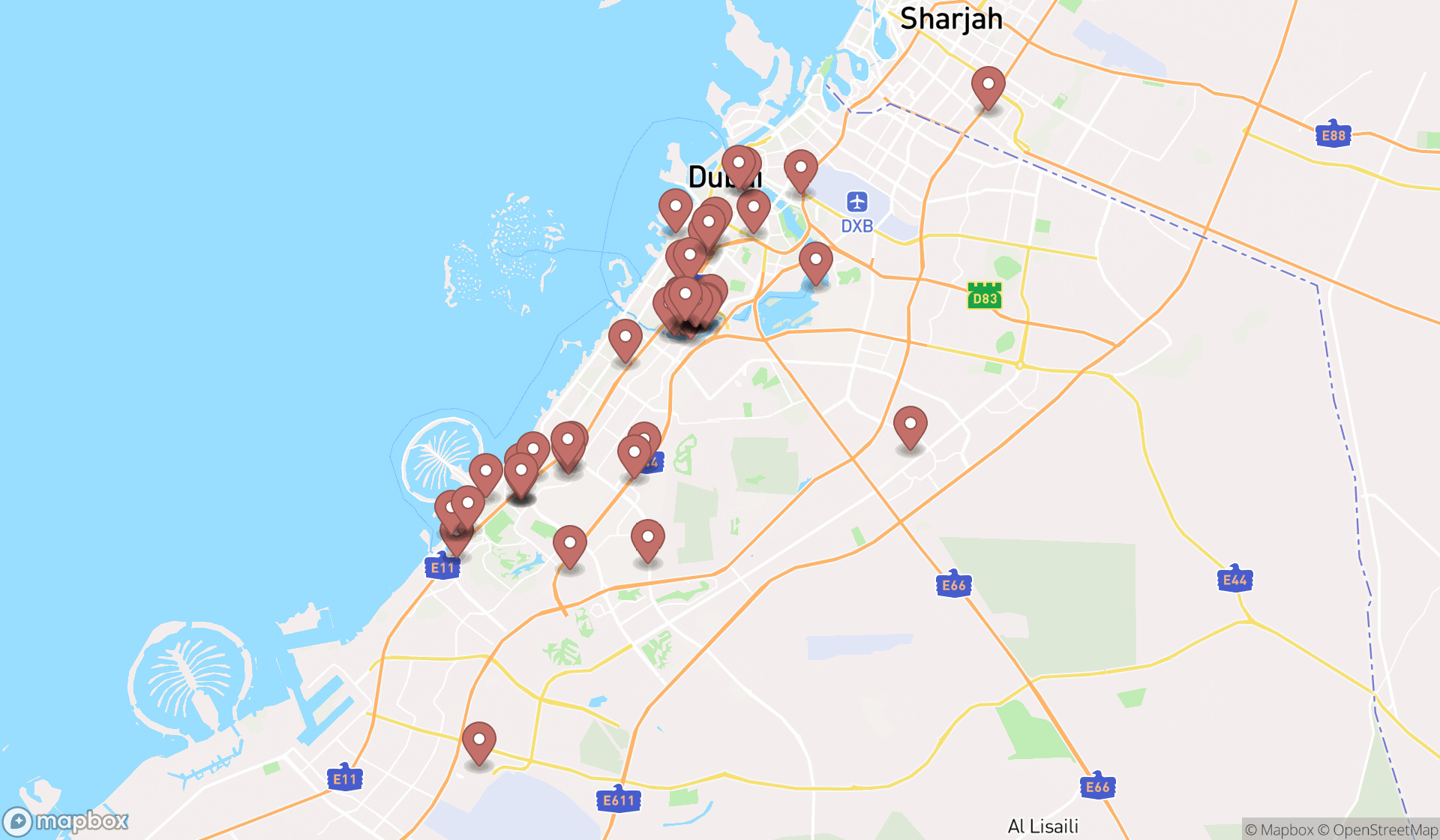 Map showing the search results in Dubai
