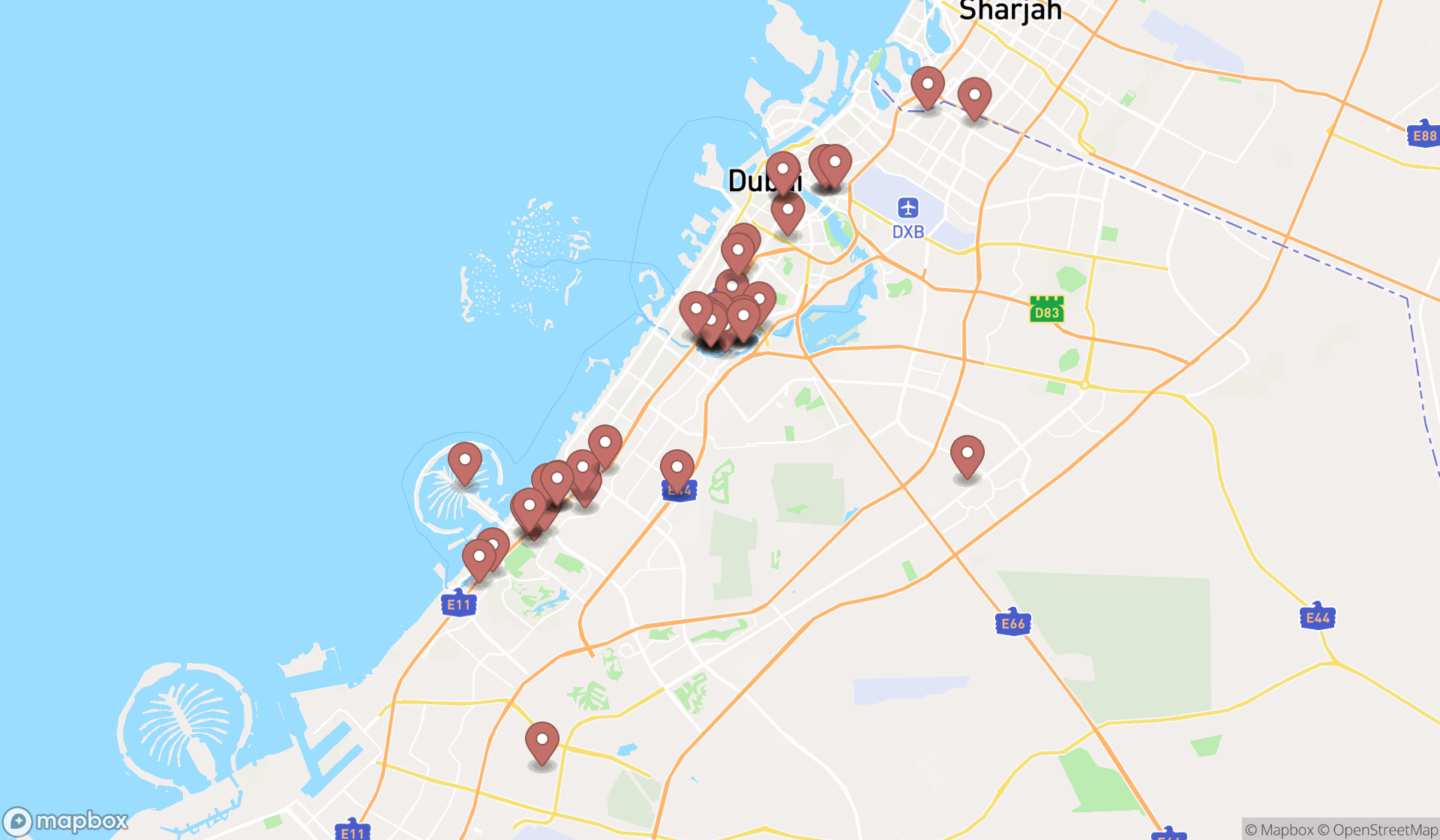 Map showing the search results in Dubai