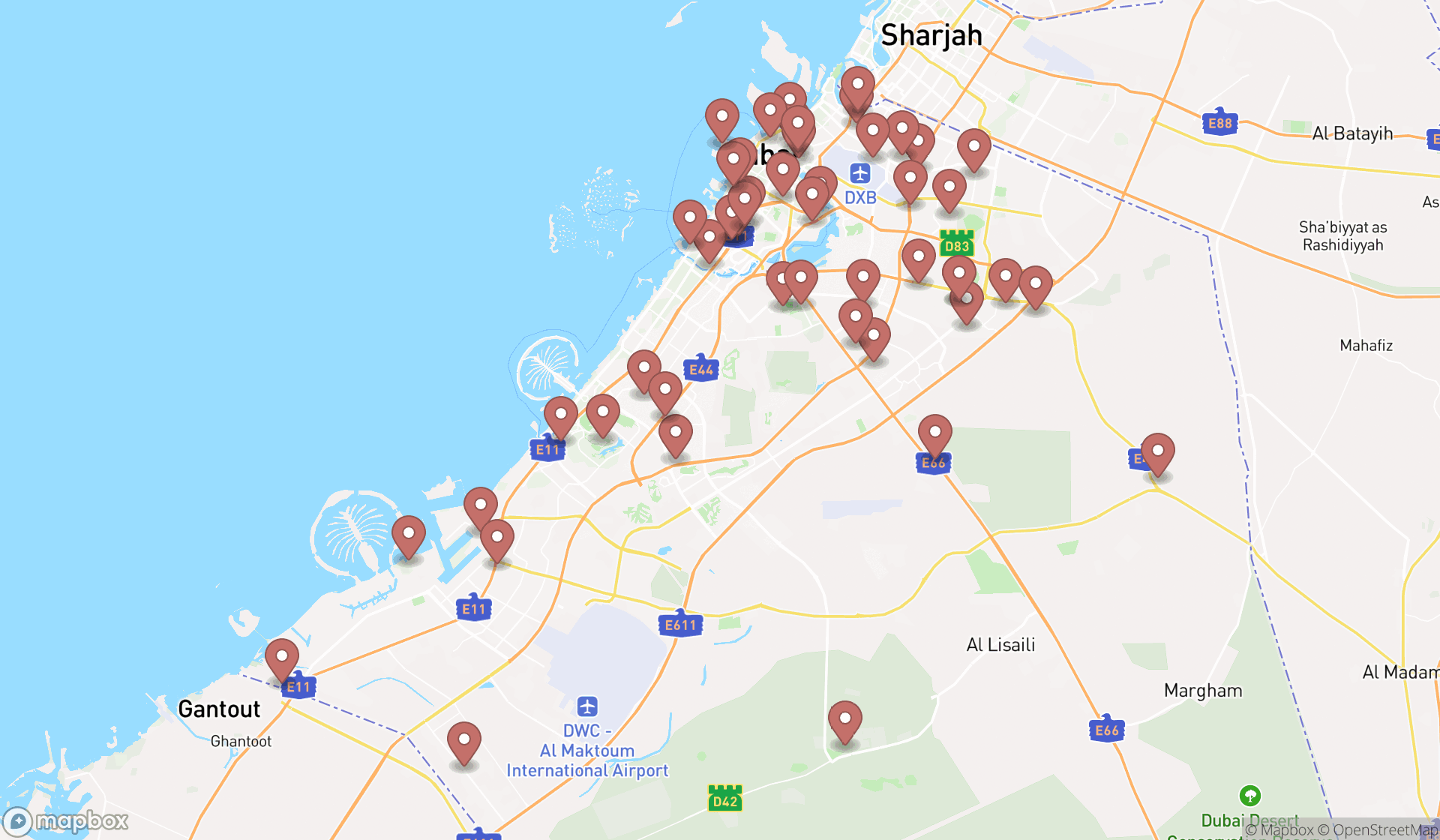 Map showing the search results in Dubai