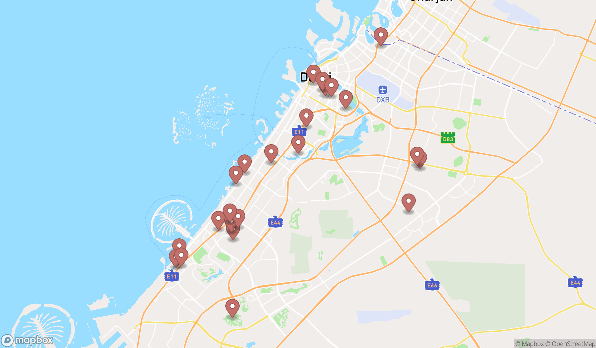 Map showing the search results in Dubai