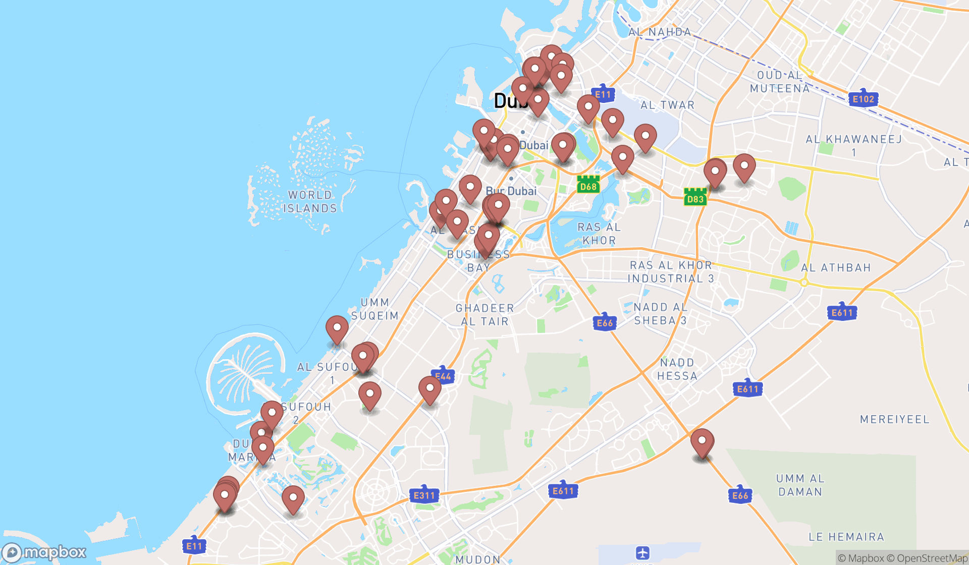 Map showing the search results in Dubai