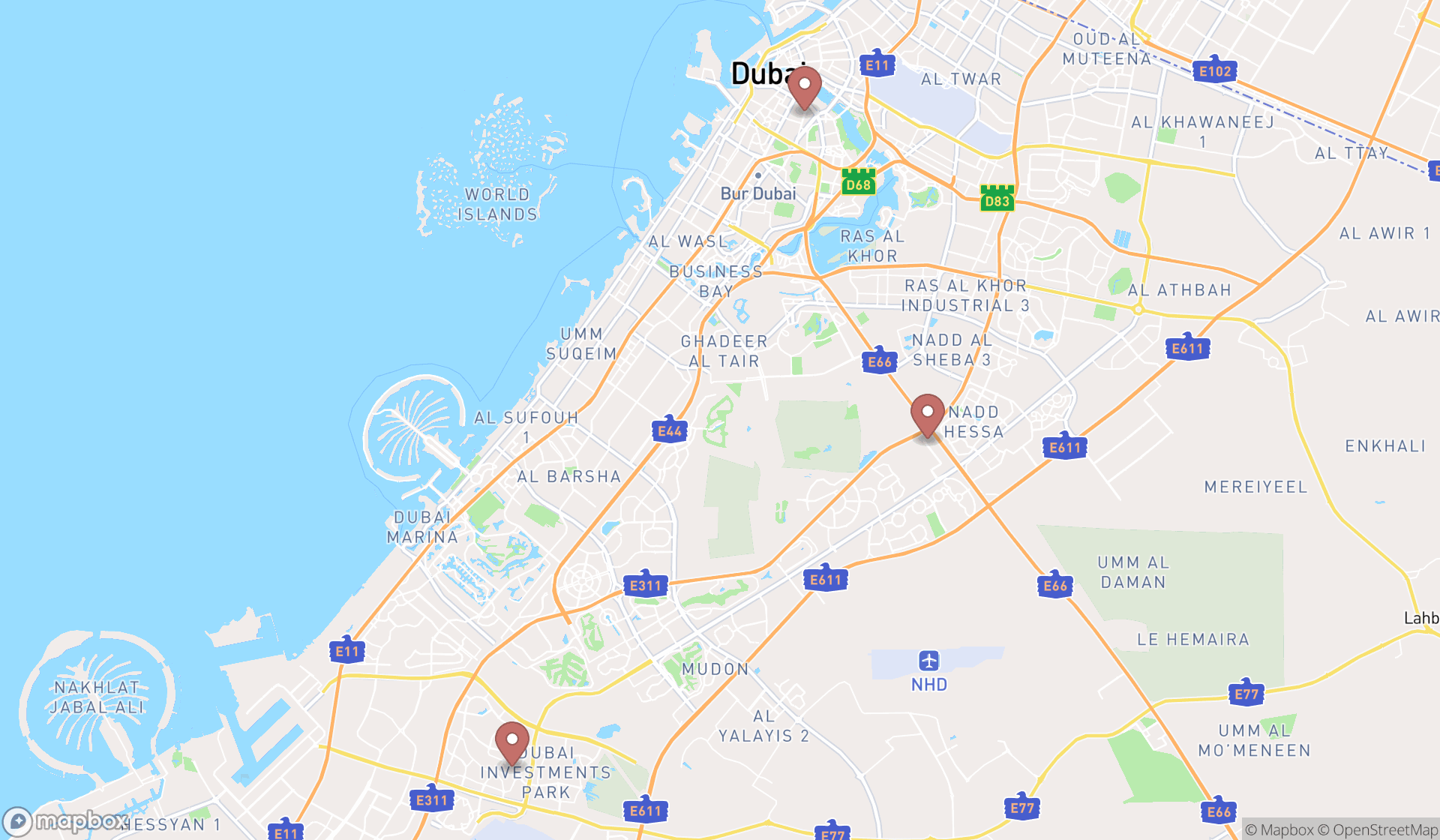 Map showing the search results in Dubai