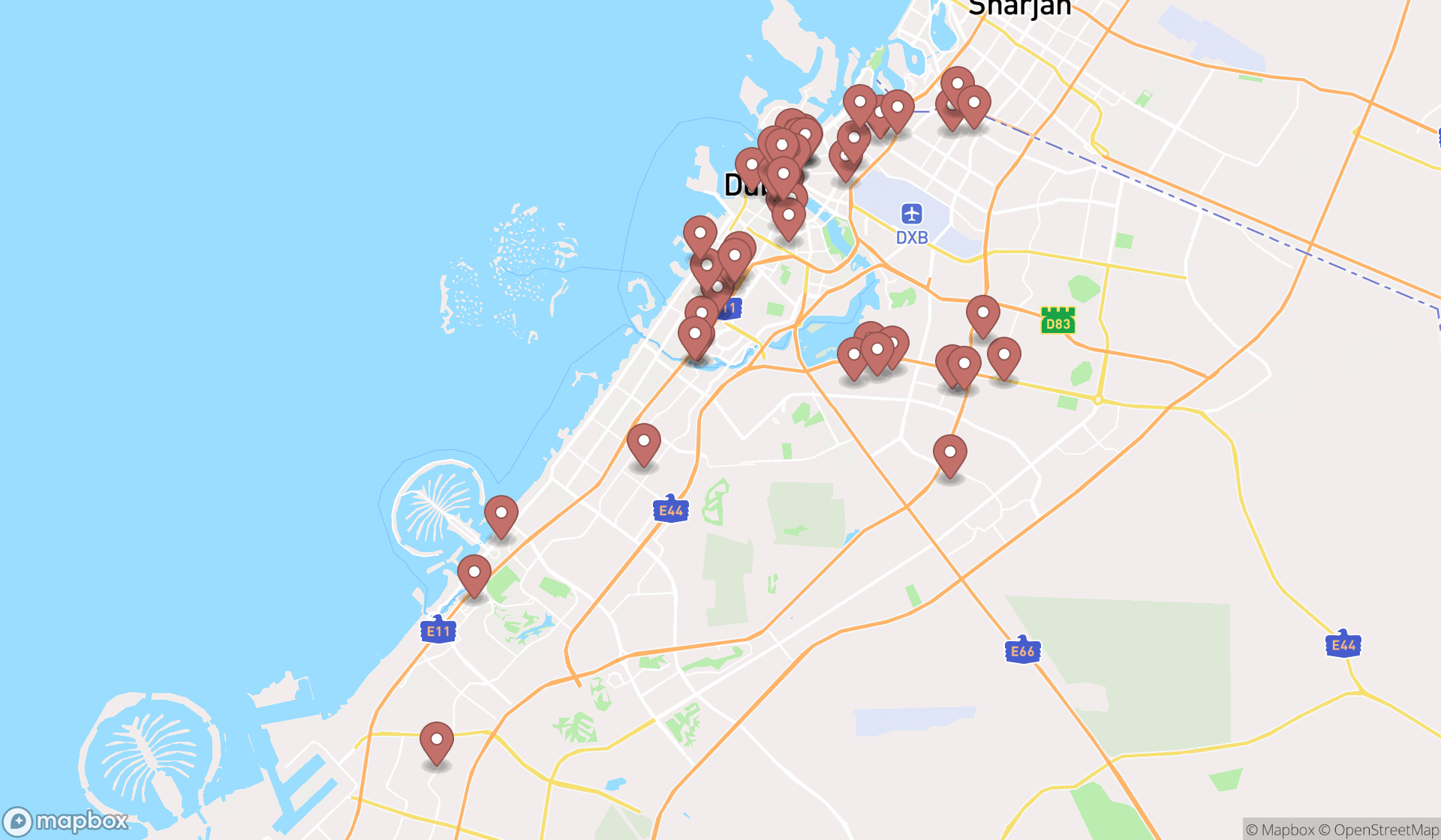 Map showing the search results in Dubai