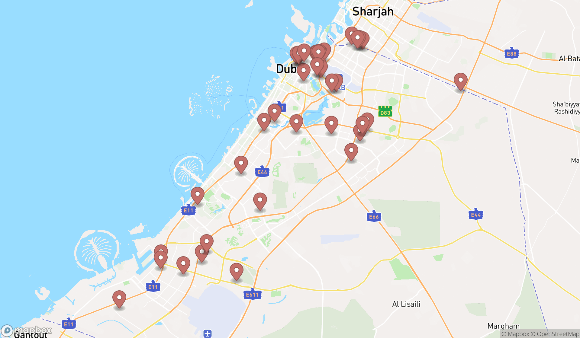 Map showing the search results in Dubai