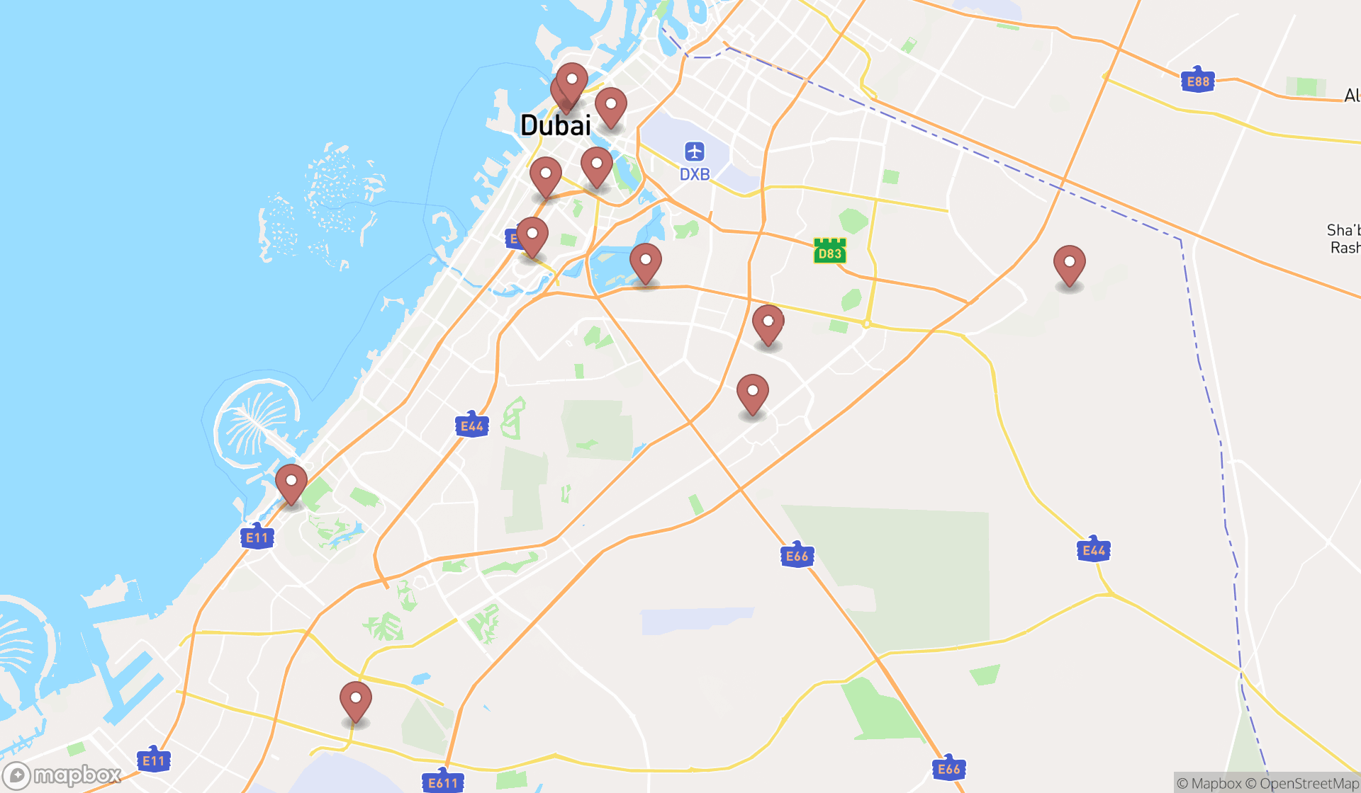 Map showing the search results in Dubai