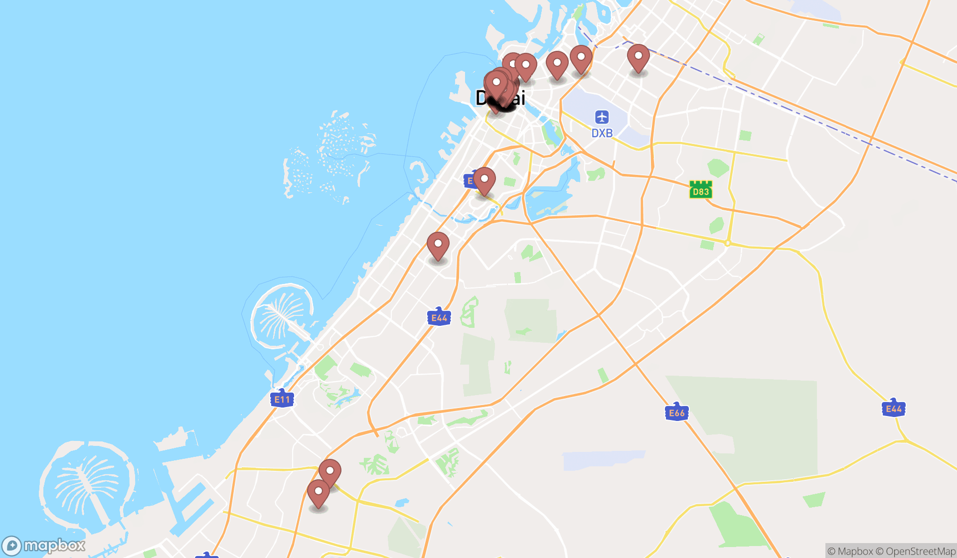 Map showing the search results in Dubai