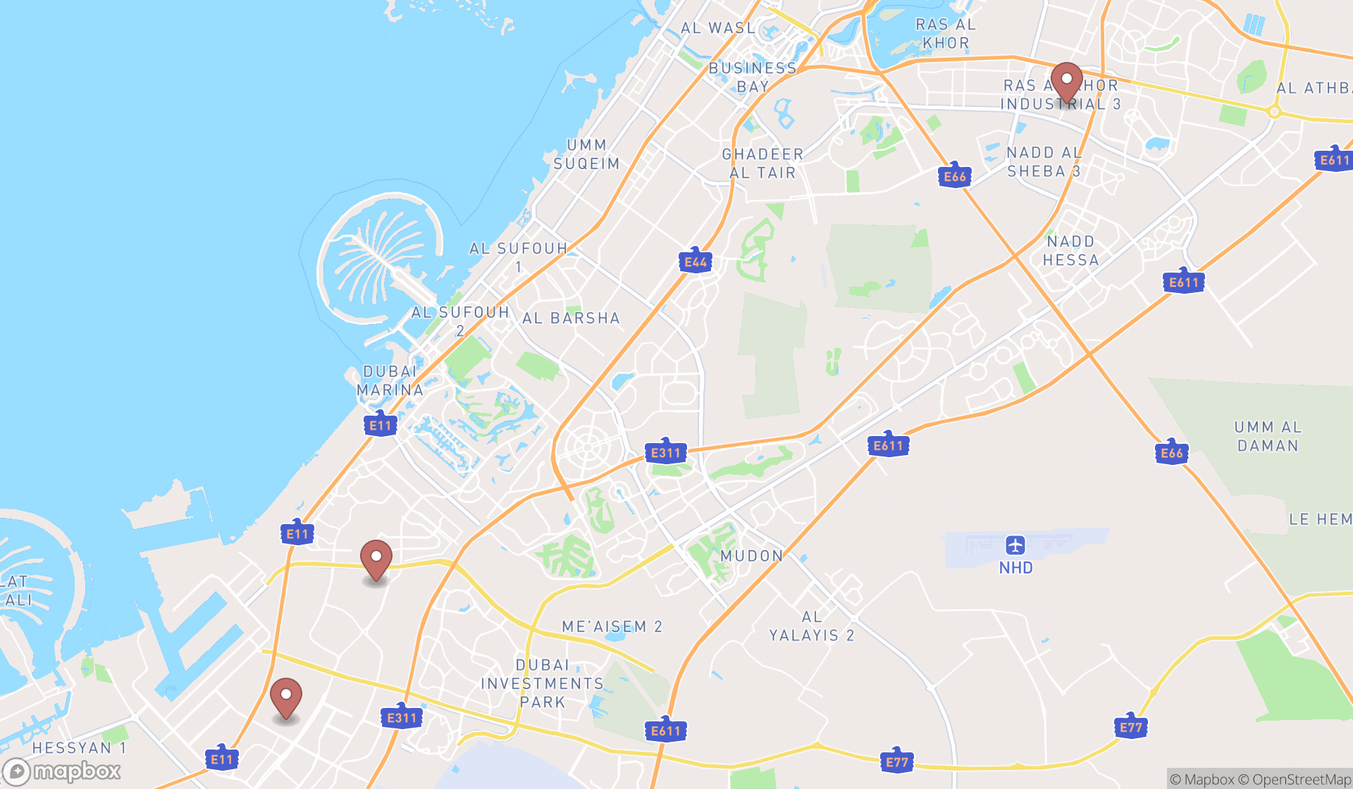 Map showing the search results in Dubai