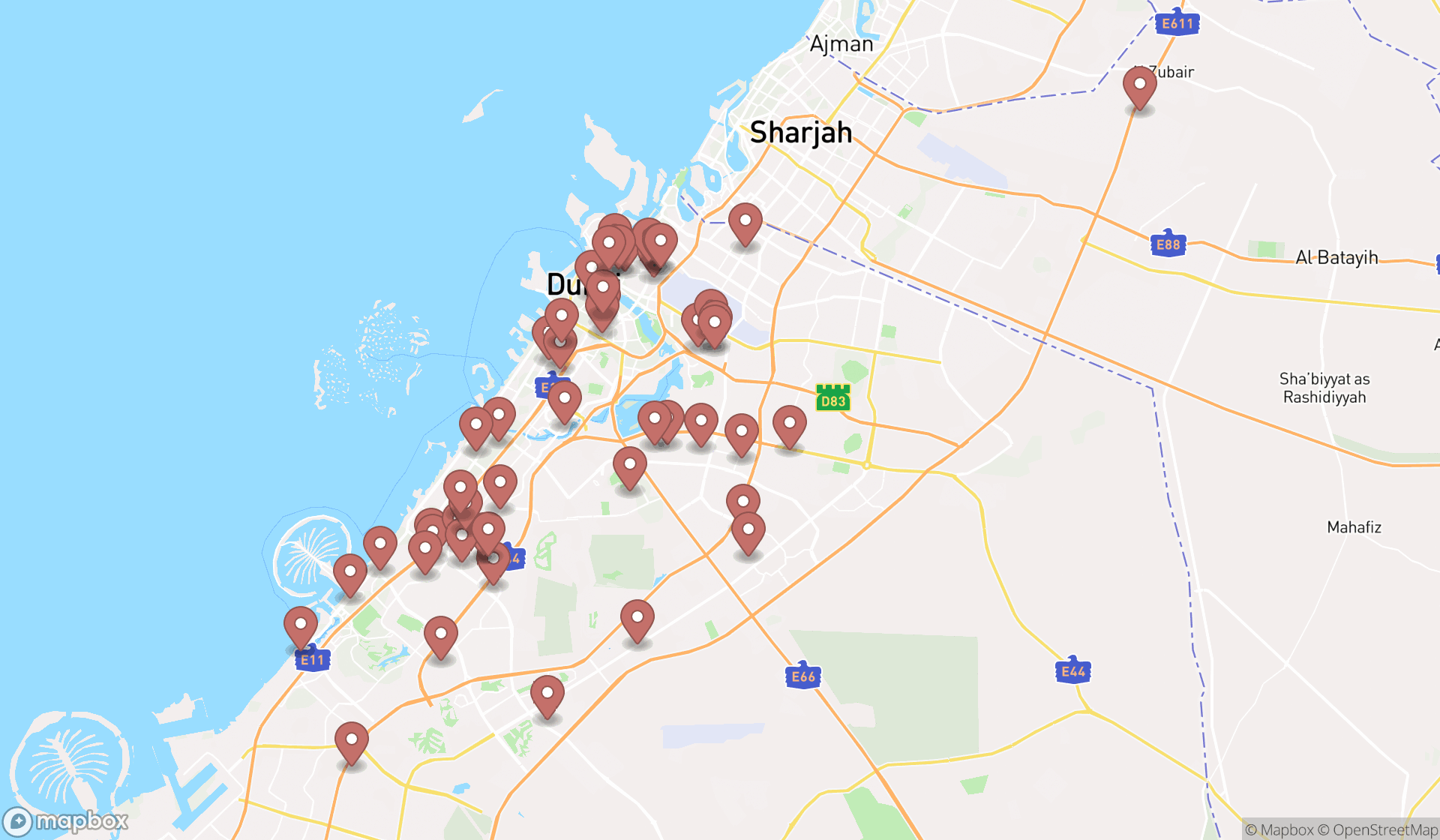 Map showing the search results in Dubai