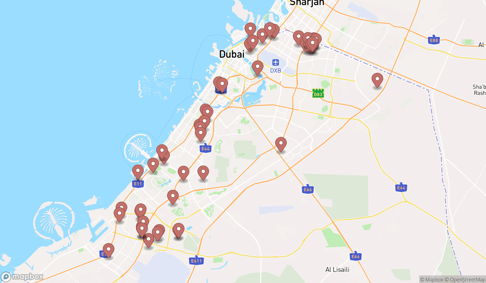 Map showing the search results in Dubai