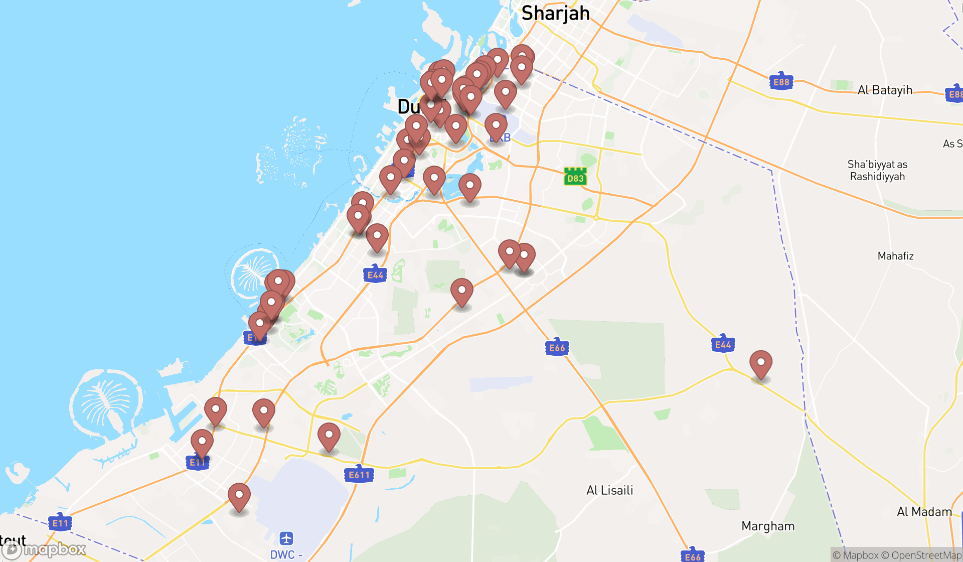 Map showing the search results in Dubai