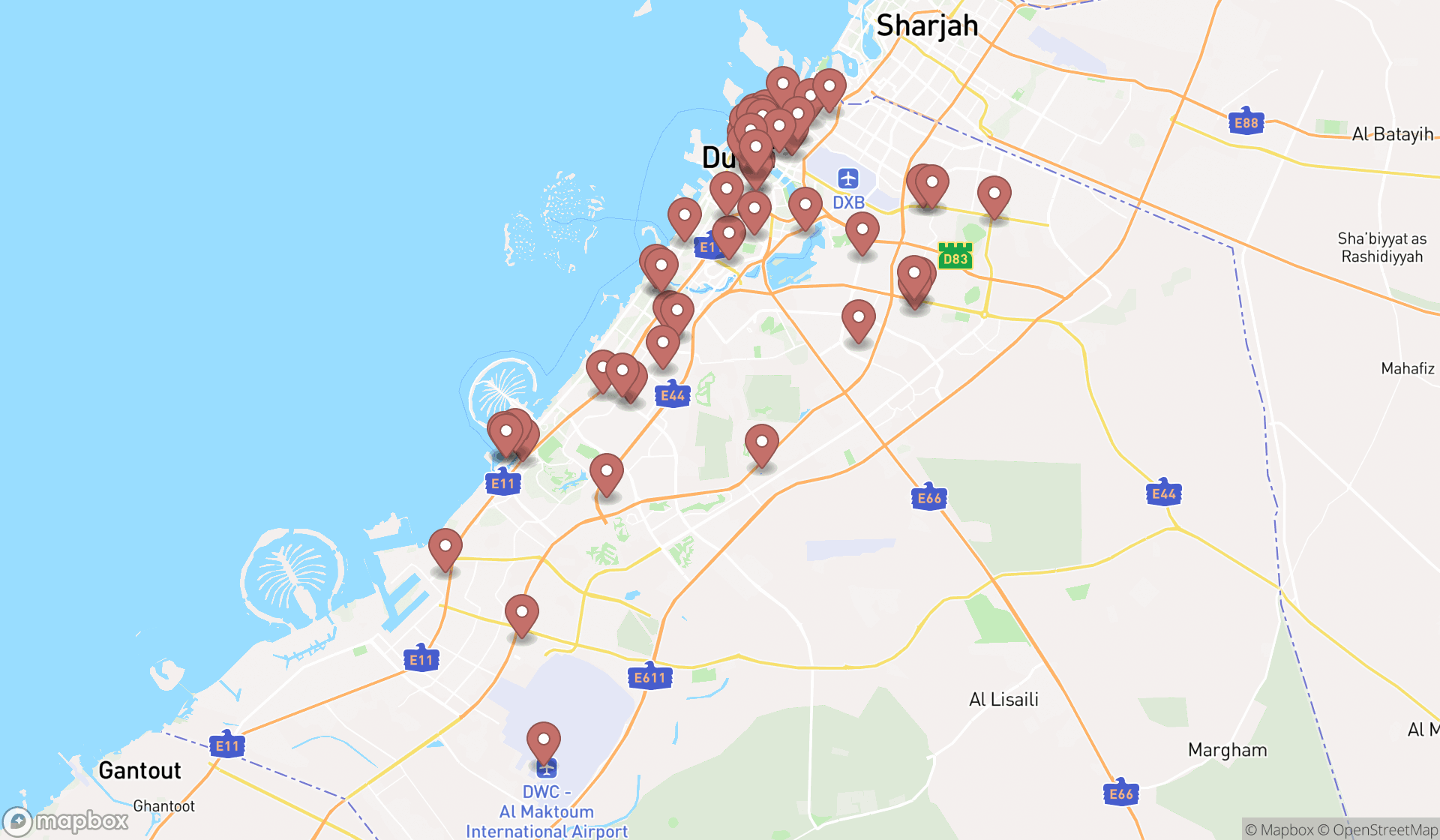 Map showing the search results in Dubai