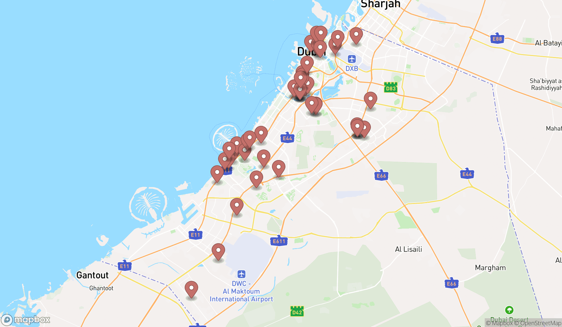 Map showing the search results in Dubai