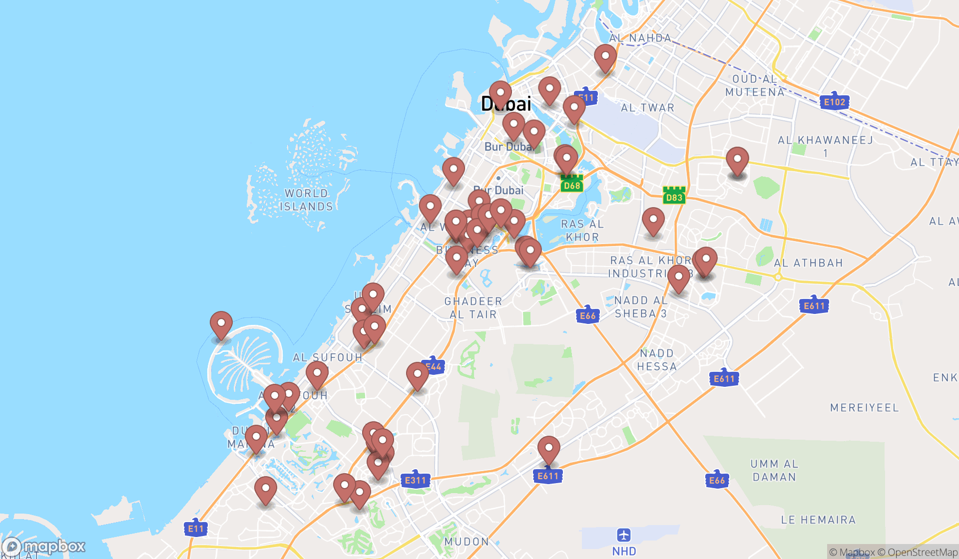 Map showing the search results in Dubai